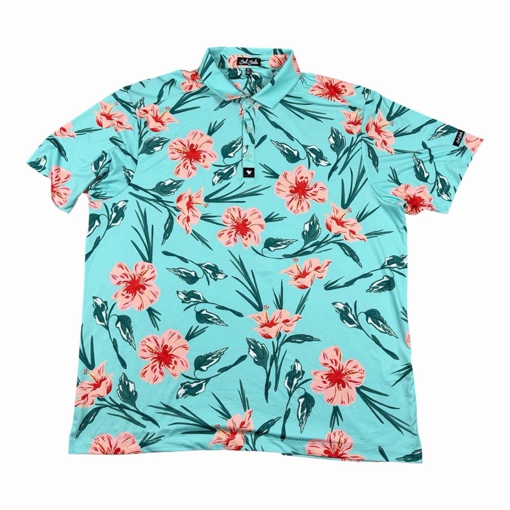 BAD BIRDIE Never Lei Up Stretch Golf Polo Shirt Mens 2XL Blue Floral AOP